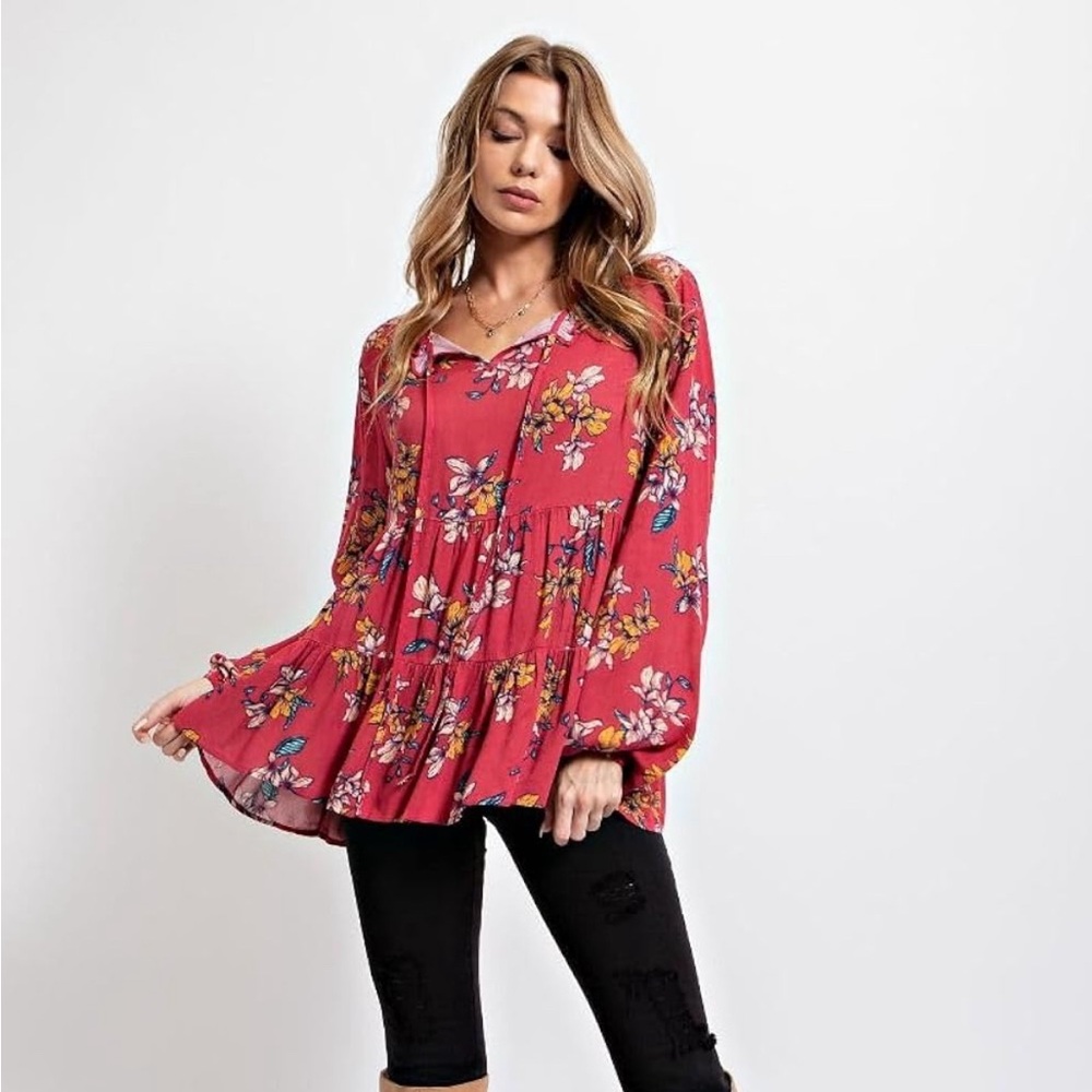 M Women Floral Print Babydoll Ruffled Bottom Soft Flowy Tunic Long Sleeve V-Neck